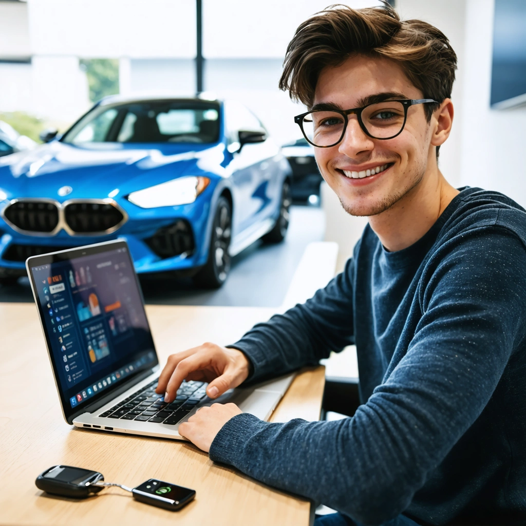 Une personne détendue organise facilement une assurance auto d'un jour sur son ordinateur portable, avec les clés de voiture à côté, illustrant la simplicité et la rapidité du service en ligne.