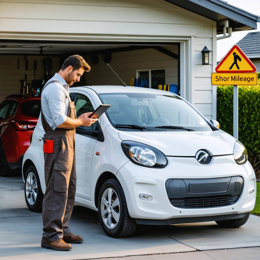 Un mécanicien consulte le kilométrage d'une voiture stationnée pour illustrer l'assurance au kilomètre pour le trajet domicile-travail.