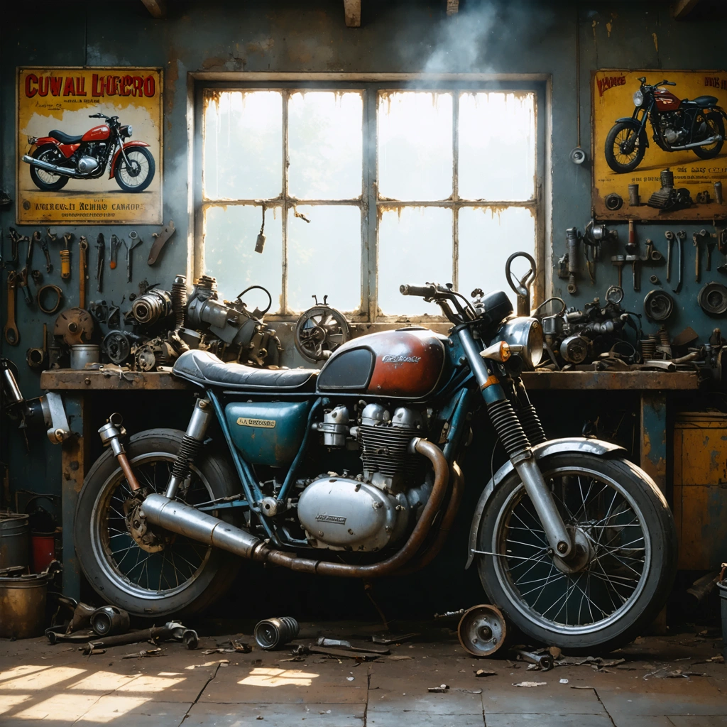 Établi de mécanicien surchargé de pièces détachées de vieille moto, éclairé par la lumière du jour, dans un atelier rétro.