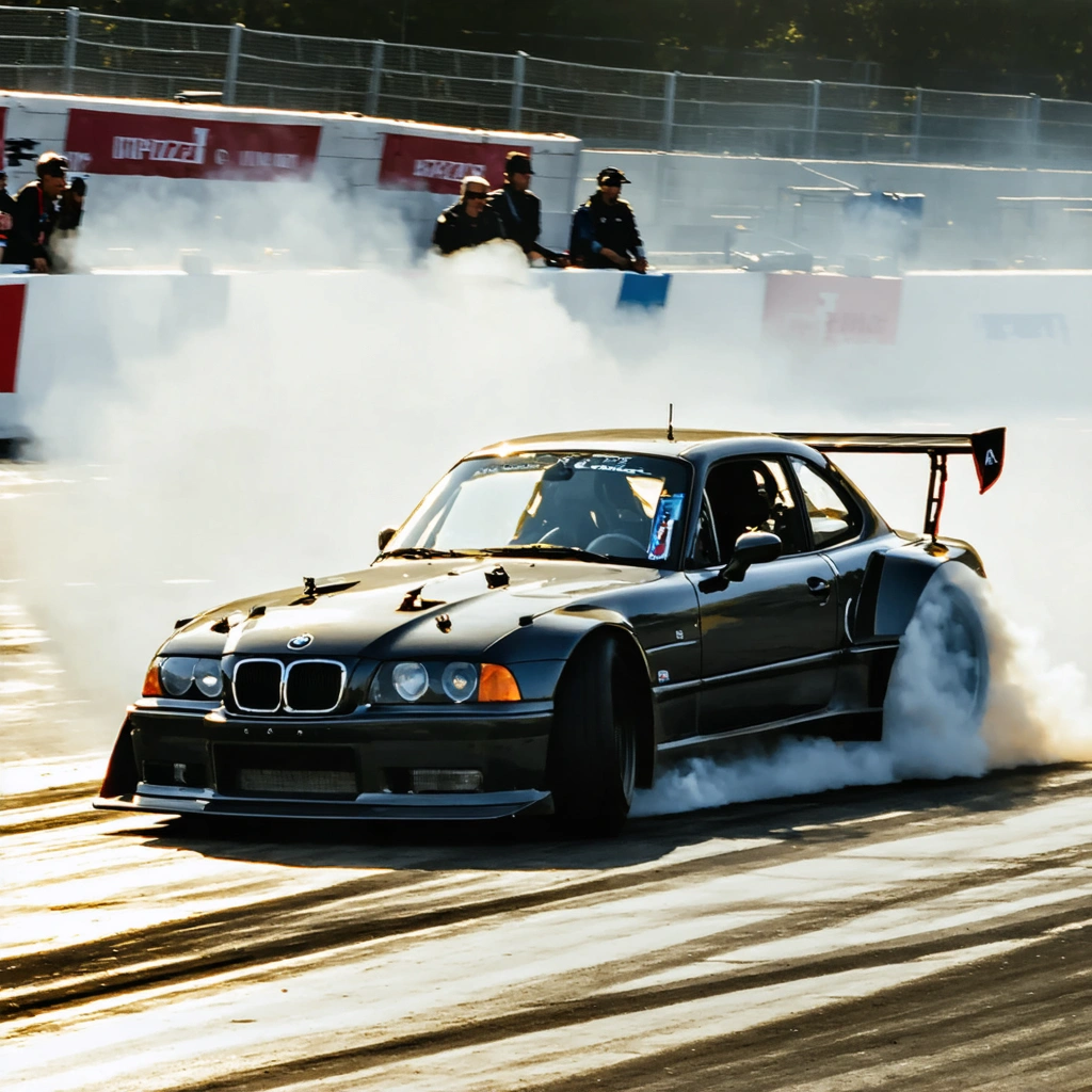Un véhicule à propulsion abordable en plein drift sur circuit fermé devant quelques spectateurs passionnés.