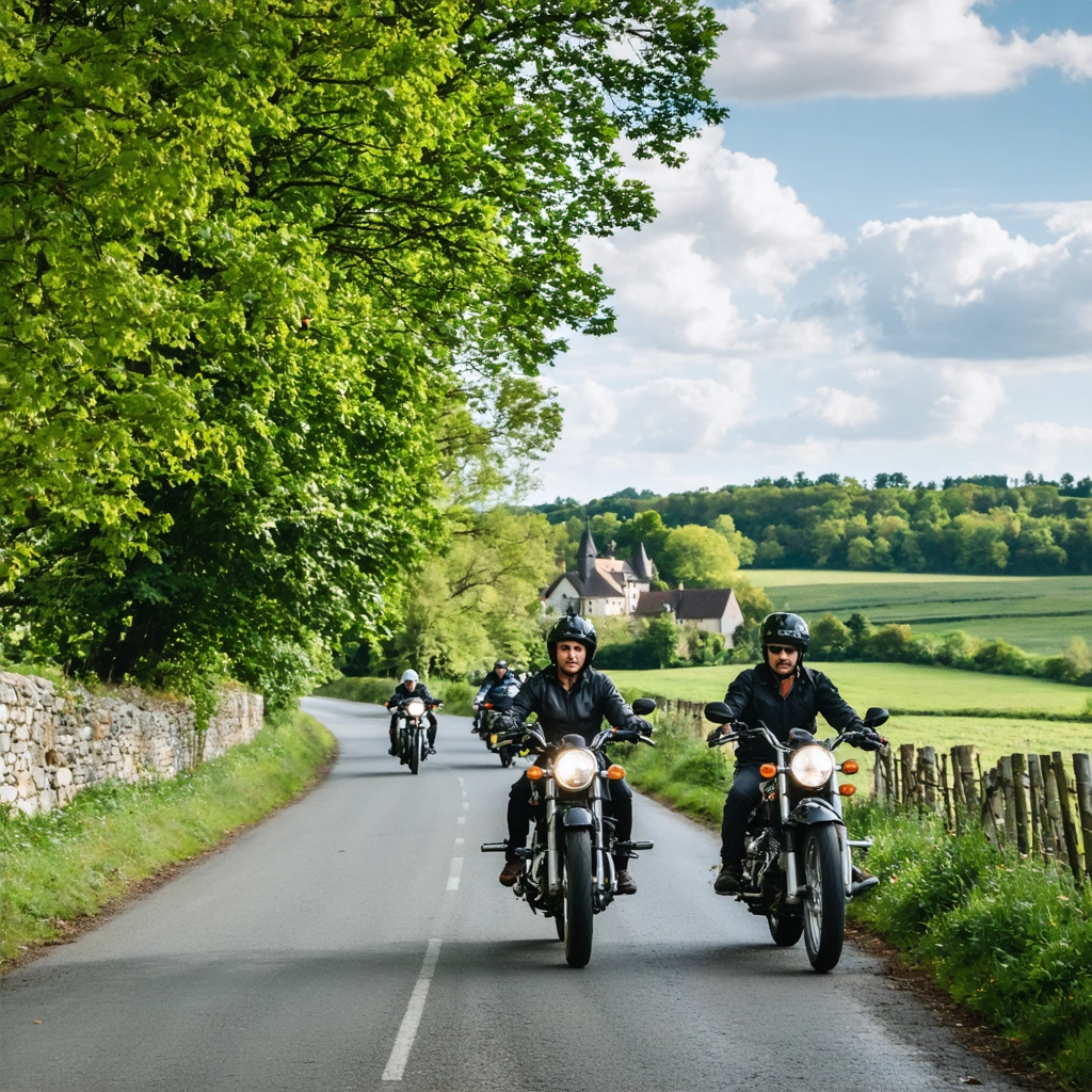 Groupe de motards parcourant les petites routes sinueuses du Perche en Normandie, avec collines verdoyantes, villages pittoresques et forêts en arrière-plan.