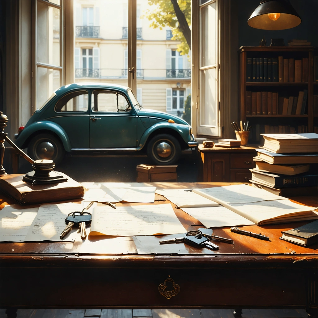 Un bureau de notaire avec des papiers de succession, des clés de voiture ancienne et une voiture française visible par la fenêtre.