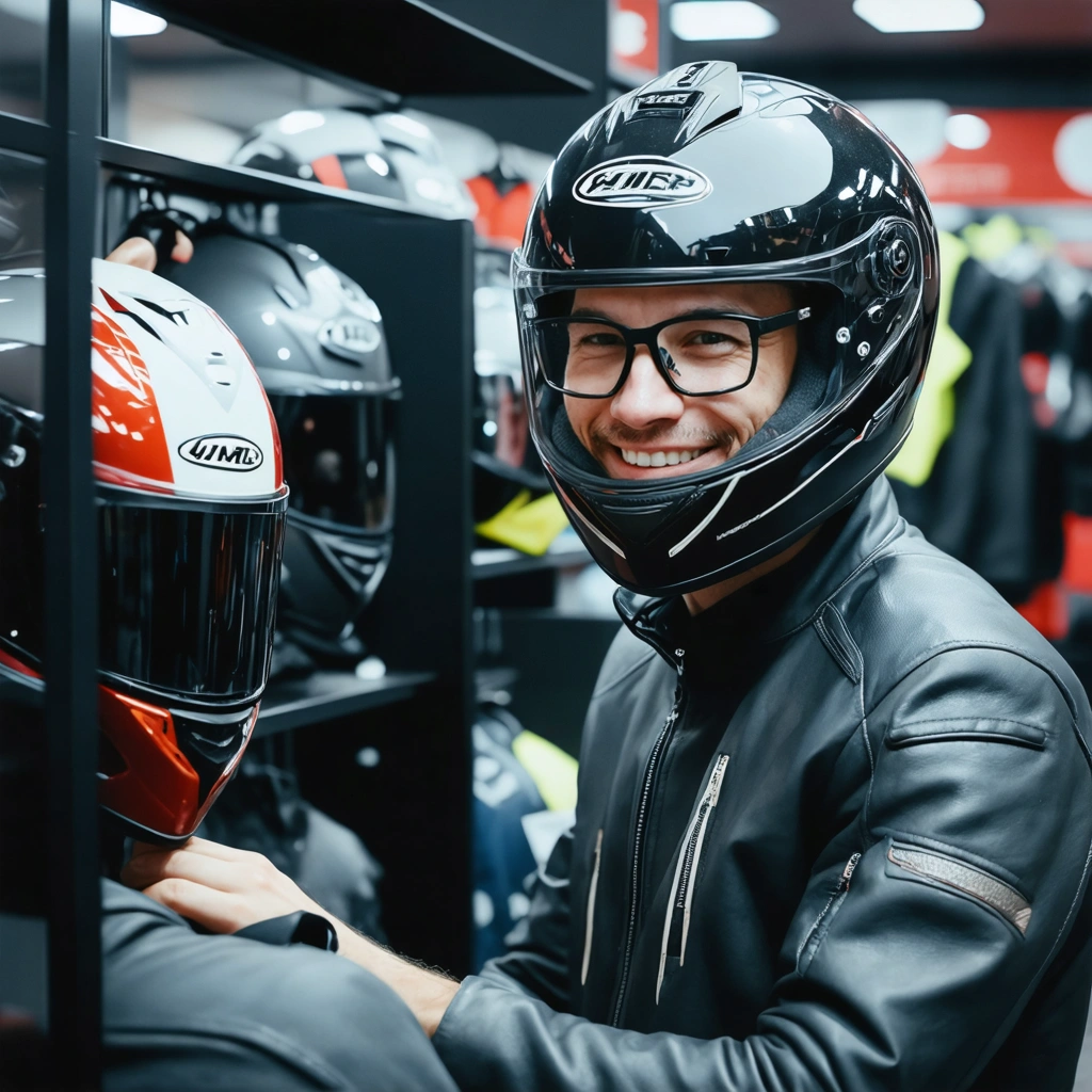 Un motard portant des lunettes essaye un casque de moto modulable dans un magasin, vérifiant le confort devant un miroir avec divers casques en arrière-plan.