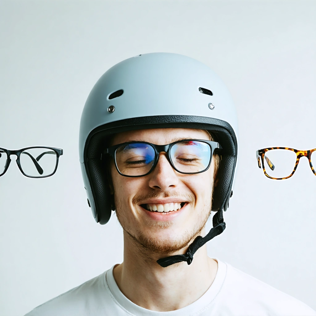 Une personne compare deux paires de lunettes et deux casques, l’un lourd et inconfortable, l’autre léger et parfaitement ajusté, illustrant l’importance du poids et de la taille pour le confort.