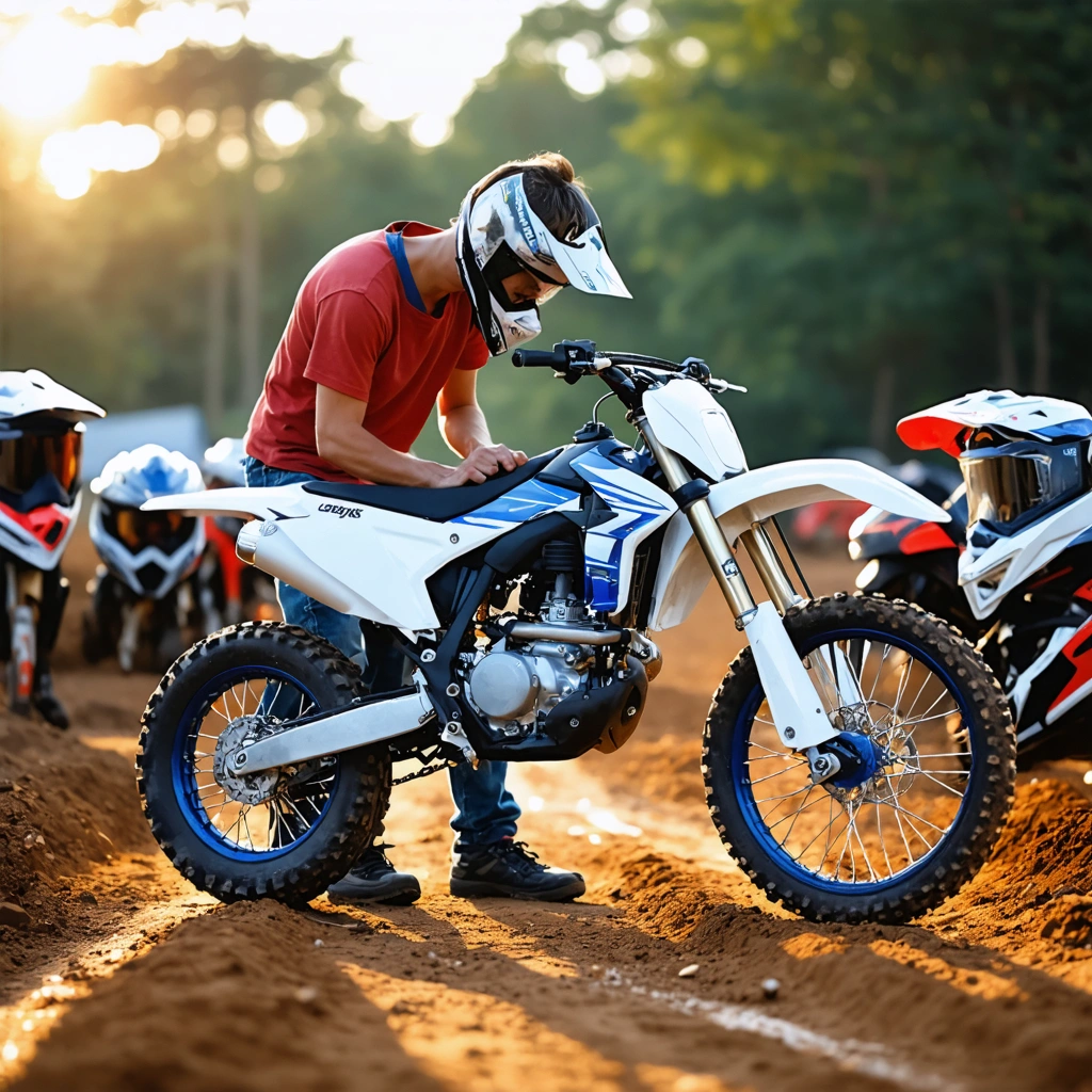 Un parent et son enfant examinent attentivement une moto de cross 85cc d'occasion à l'extérieur, près d'un terrain de moto, avec des équipements de protection posés à côté d'eux.