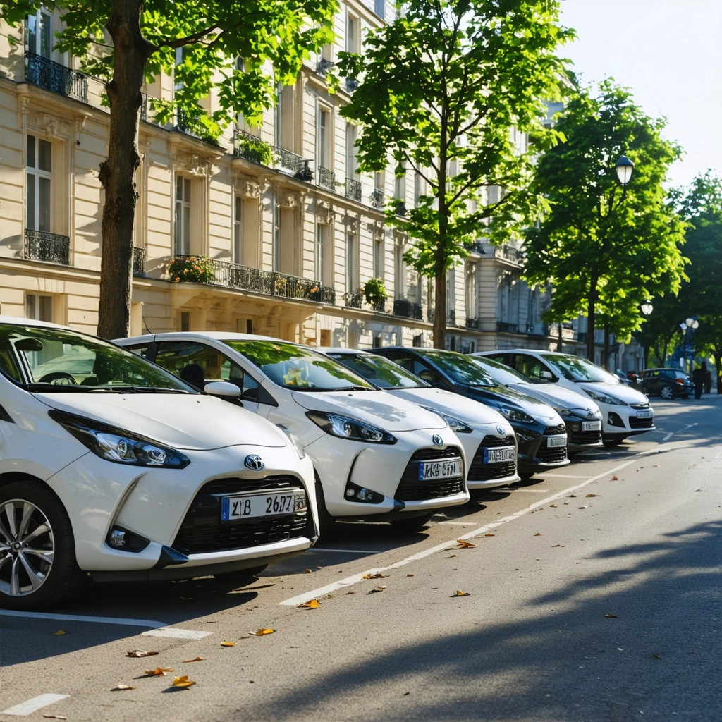 Plusieurs voitures citadines essence réputées pour leur fiabilité, stationnées dans une rue urbaine ensoleillée, devant des immeubles et des arbres.