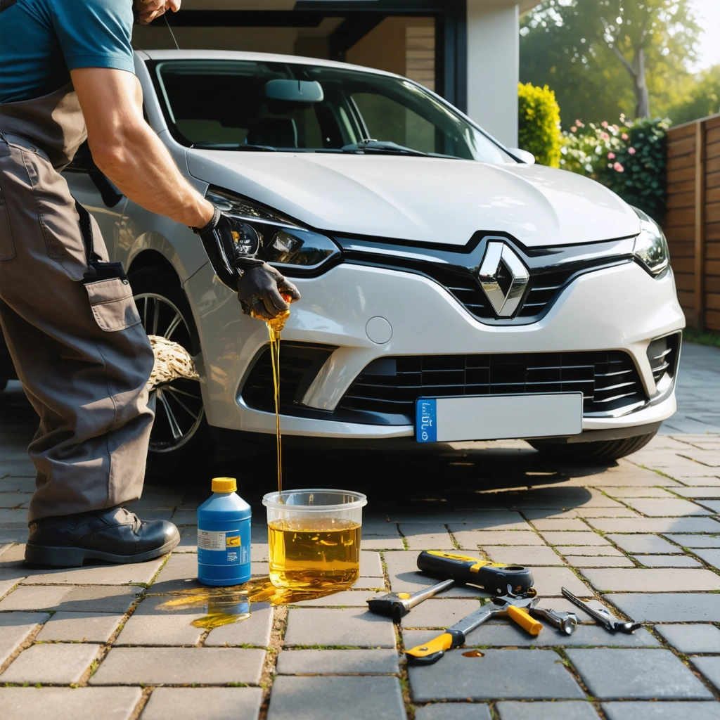 Un homme en bleu de travail effectue la vidange de la boîte de vitesses d'une Renault Clio 2 1.4 16v, avec outils et bidons d'huile posés à côté de la voiture.