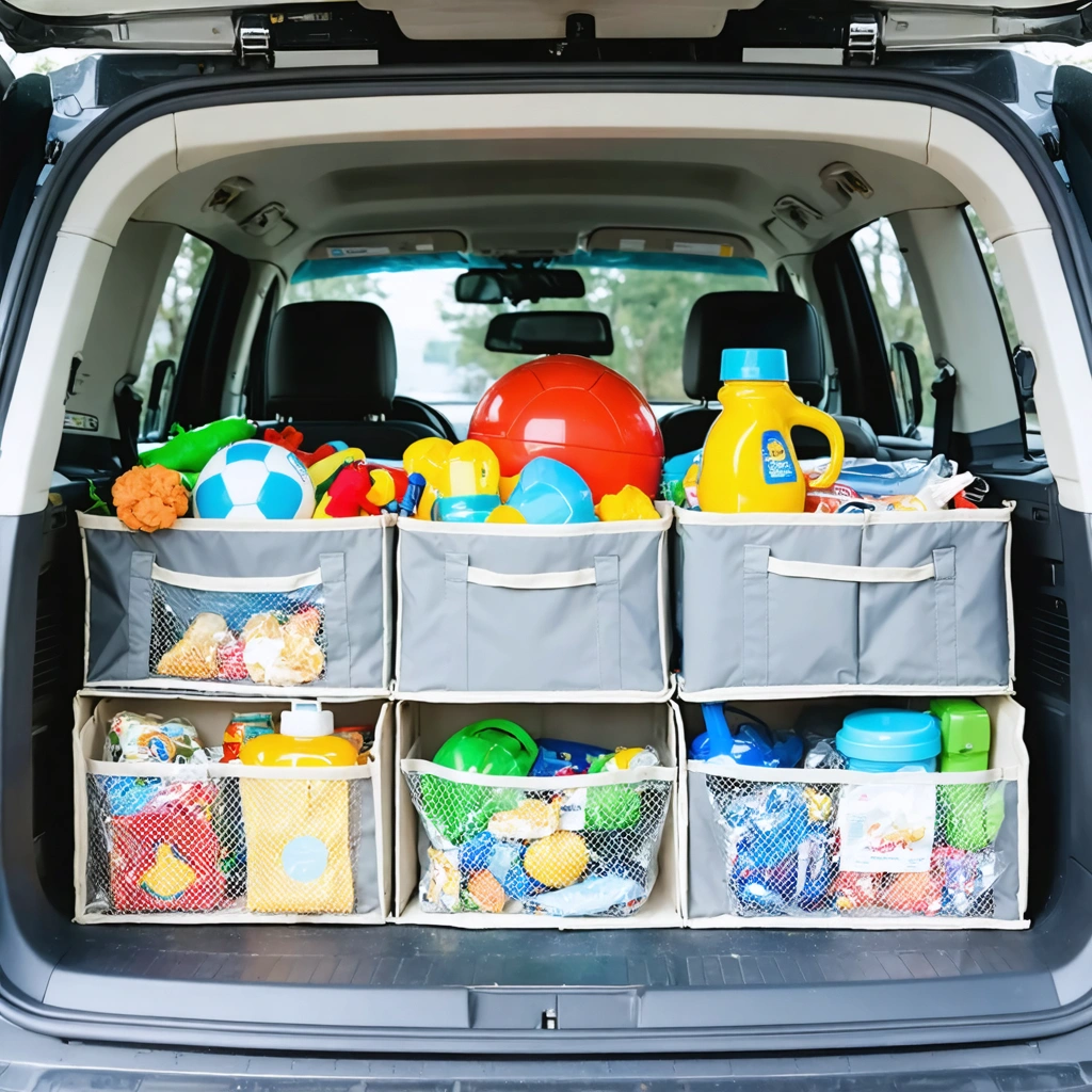 Coffre parfaitement organisé d'une voiture familiale 7 places avec des organiseurs pas chers remplis d’objets du quotidien