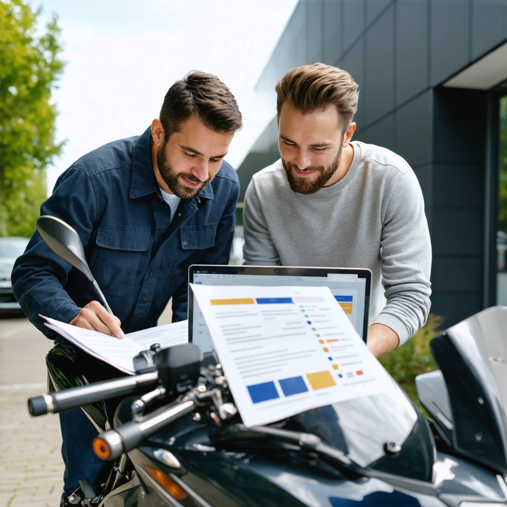 Un mécanicien et un acheteur de moto examinent ensemble une moto d'occasion, entourés de documents et d'un ordinateur affichant l'historique du véhicule, dans une ambiance conviviale et rassurante.