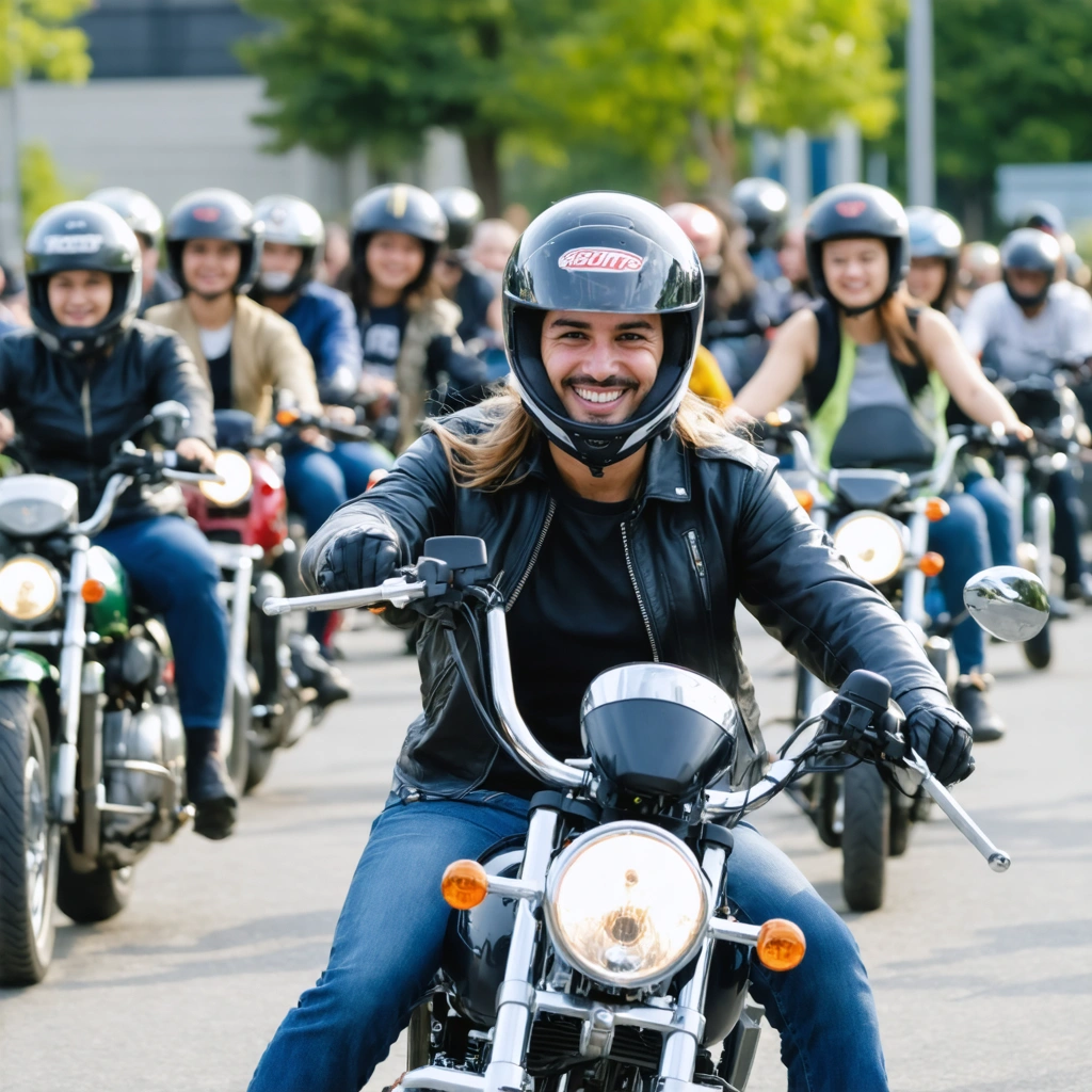 Un groupe d'élèves adultes apprend la moto sur un terrain d'entraînement avec un moniteur attentif, aidant un élève stressé. Tous portent un équipement de sécurité complet, ambiance détendue et urbaine.