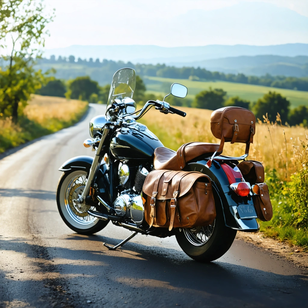 Une moto custom garée sur une route de campagne, équipée de sacoches cavalières souples de chaque côté, prêtes pour l'aventure.