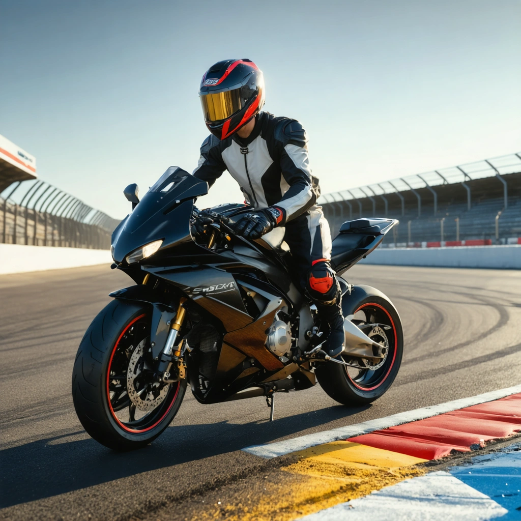 Un motard débutant en équipement complet prépare sa moto de route pour un stage sur circuit, devant la piste sous un beau soleil.