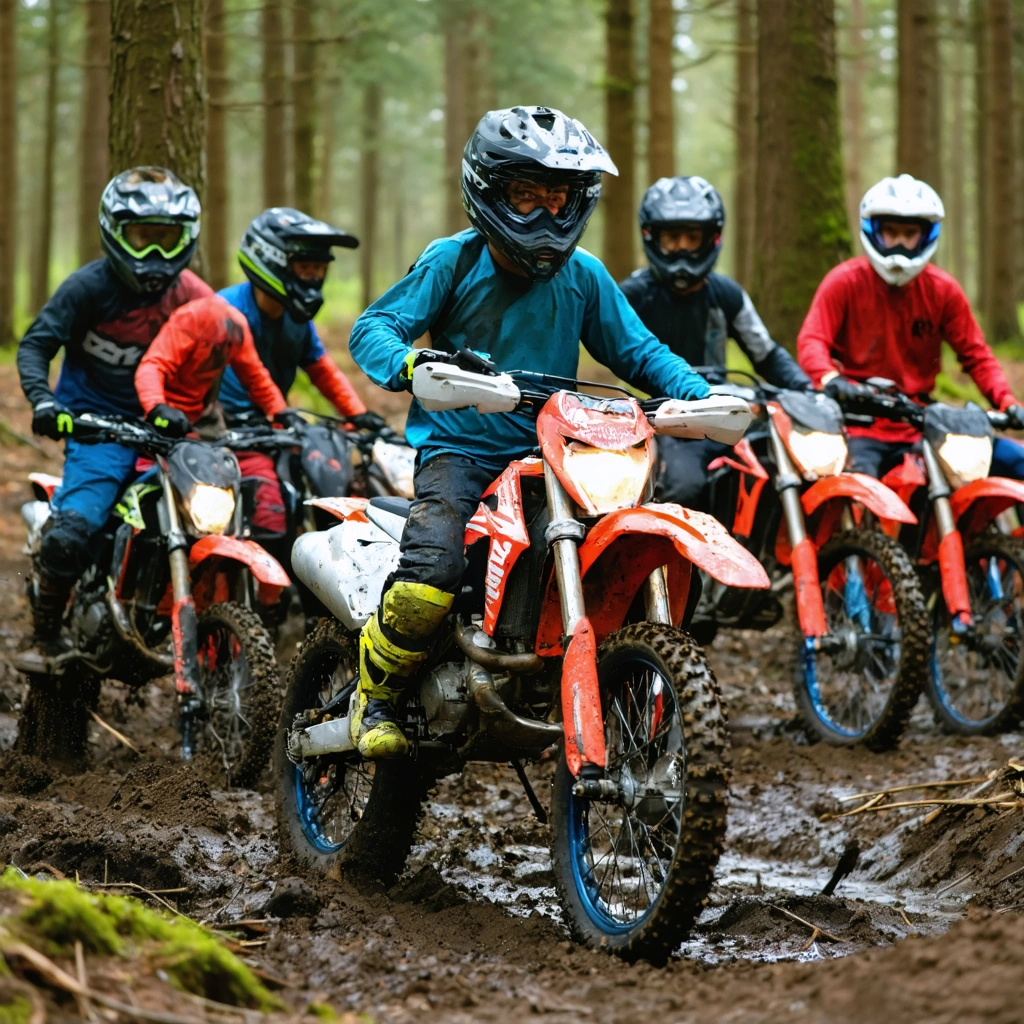 Des débutant·e·s en moto enduro rient et préparent une 125 2 temps abordable dans une forêt boueuse, en tenue de protection dépareillée, prêts à partir à l’aventure.