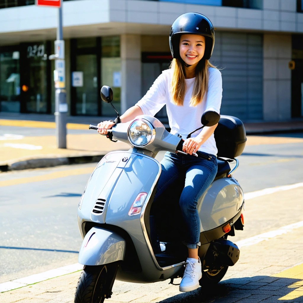 Femme de petite taille sur un scooter 125 à selle basse, souriante en milieu urbain