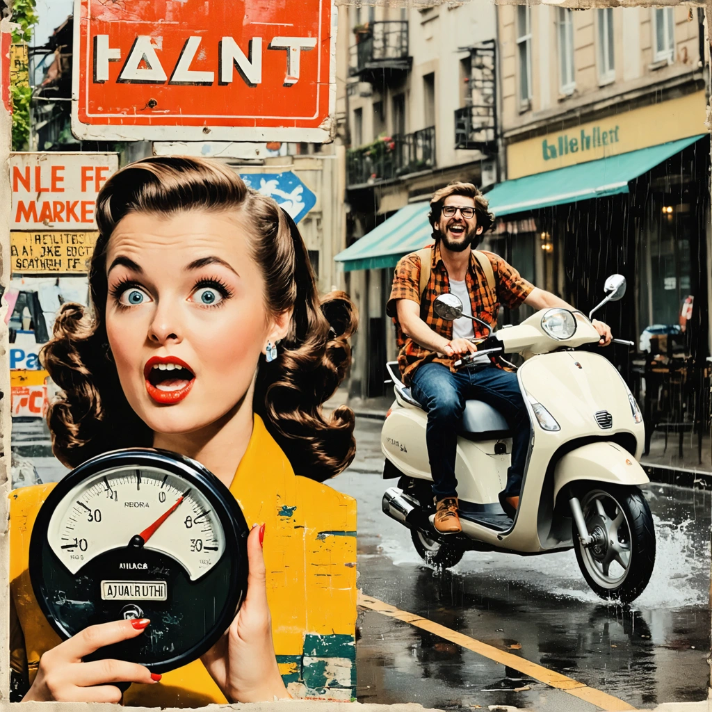 Scène illustrant une femme regardant le compteur de sa voiture avec étonnement à côté d'une brocante et un homme souriant sur une trottinette électrique sous la pluie, sa voiture garée en arrière-plan.