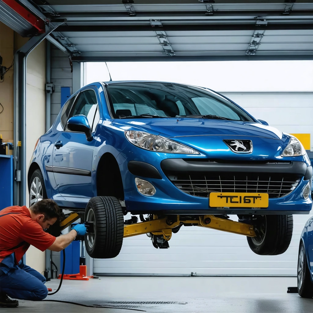Un mécanicien vérifie l’amortisseur avant d’une Peugeot 206 levée dans un garage équipé, avec outils et pièces visibles.