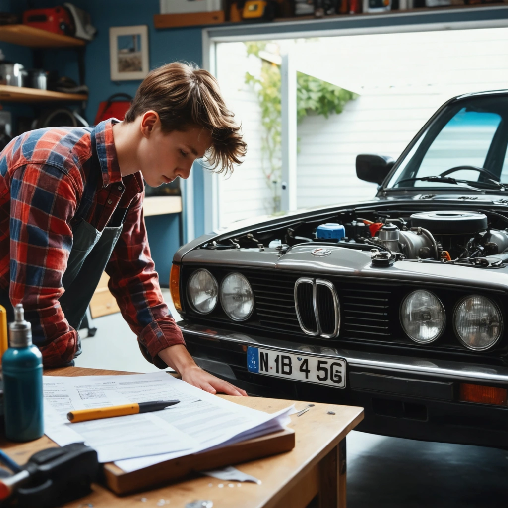 Un jeune conducteur vérifie le moteur d'une voiture des années 90 dans un garage avec des outils anciens et des papiers d'assurance posés sur un bureau sous un grand puits de lumière.