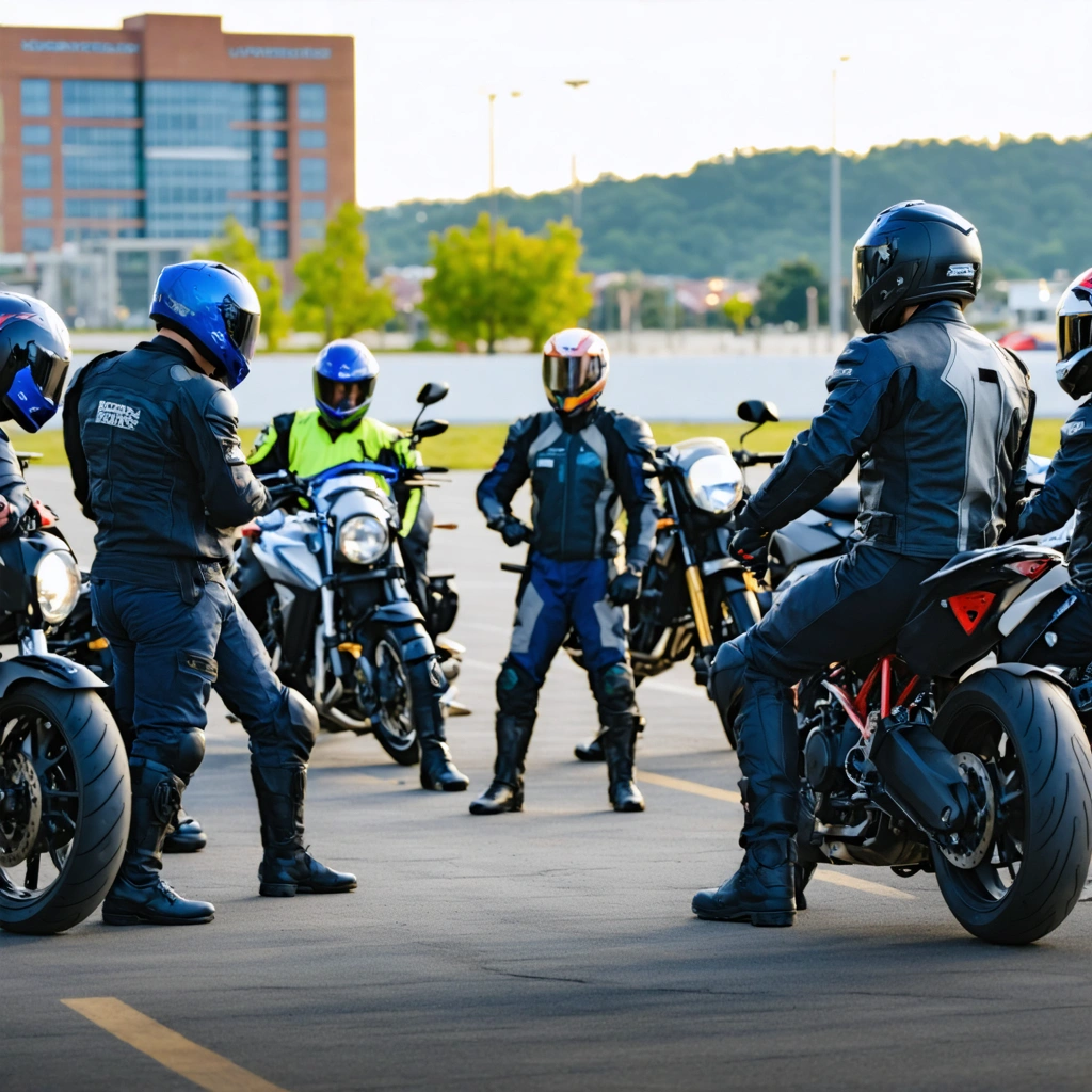 Des adultes en tenue de moto suivent une leçon accélérée de conduite, avec des motos alignées et un moniteur, sur un terrain d'entraînement en plein air, évoquant rapidité et apprentissage condensé.