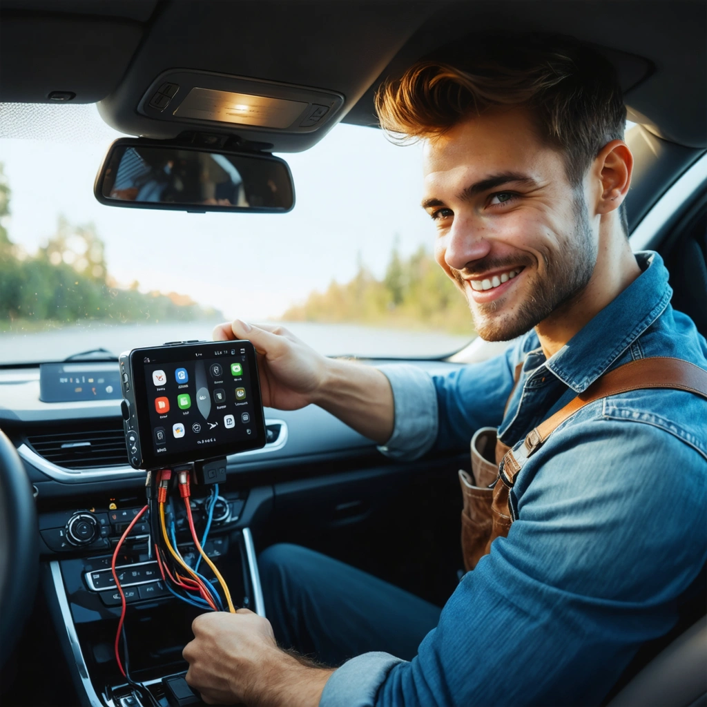 Un mécanicien souriant en train d'installer un autoradio Bluetooth avec kit mains libres dans l'habitacle d'une voiture propre sous la lumière du jour.