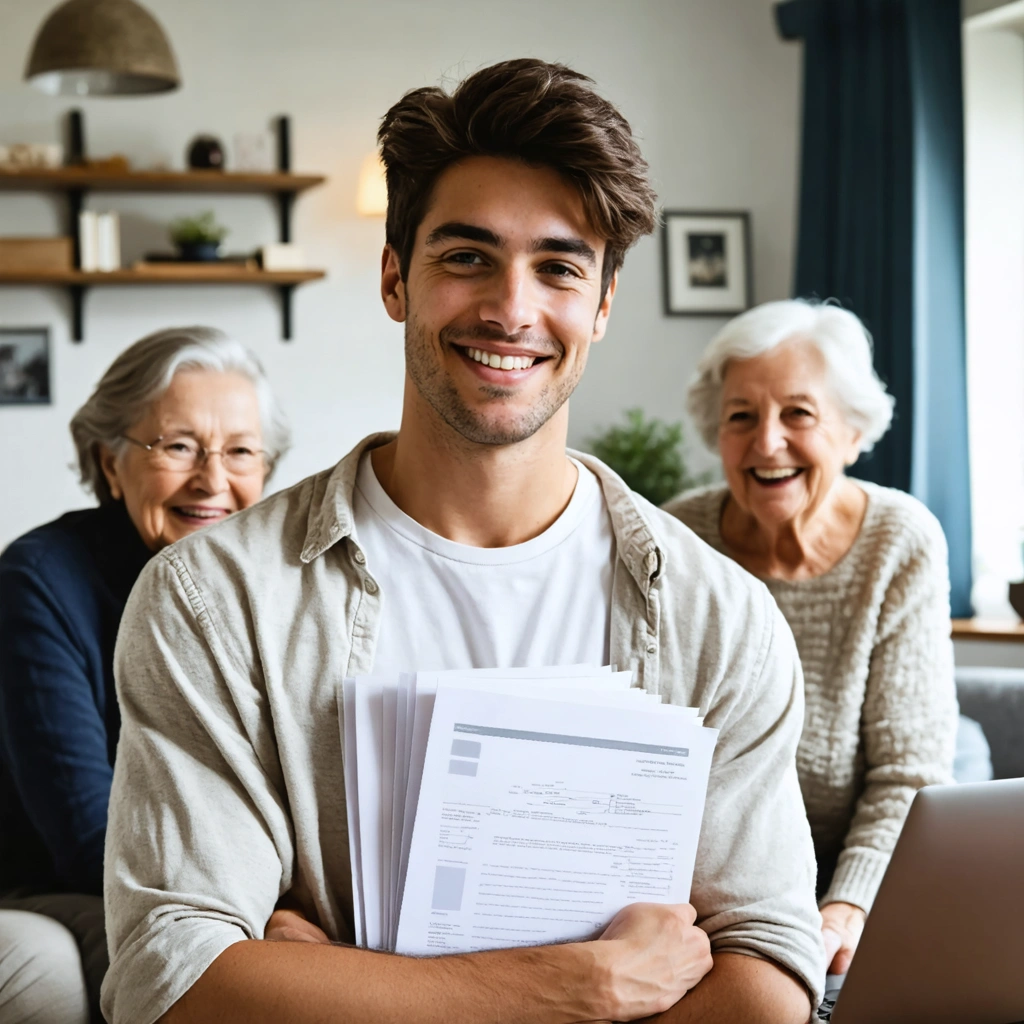 Un jeune adulte souriant tenant des papiers administratifs dans un salon familial, ses parents en arrière-plan dans une ambiance conviviale.