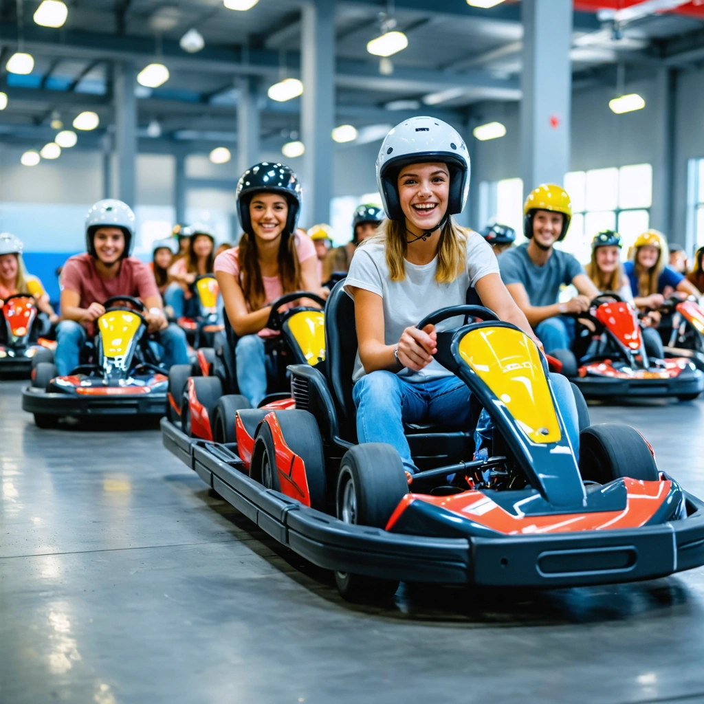 Groupe de personnes enthousiastes prêts à démarrer une course de karting électrique en salle, portant des casques et tenues décontractées, dans un circuit moderne et lumineux.
