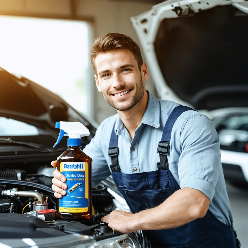 Un mécanicien souriant tient une bouteille de nettoyant injecteur Bardahl devant le moteur ouvert d'une voiture dans un atelier lumineux.