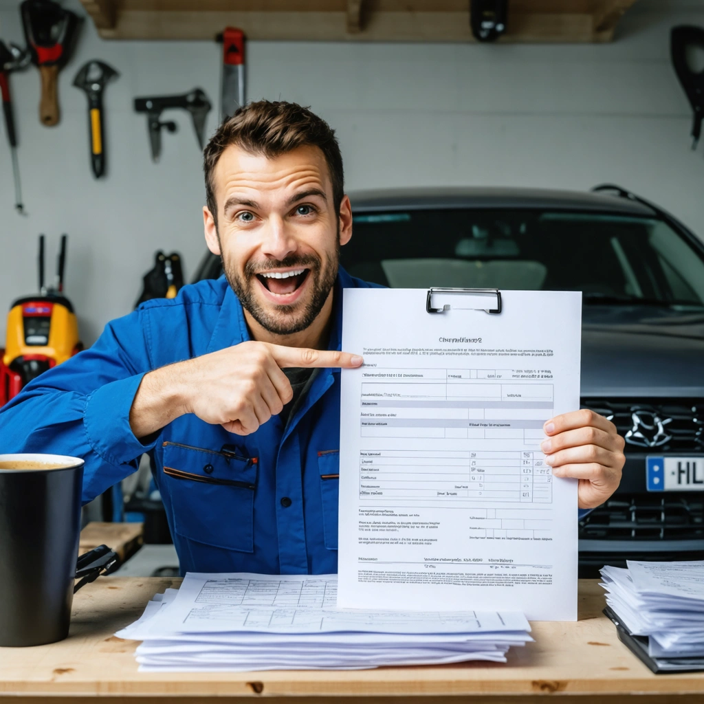 Mécanicien français vérifiant la carte grise devant un ordinateur, entouré de documents et outils de garage, exprimant de l'humour face à l'erreur administrative