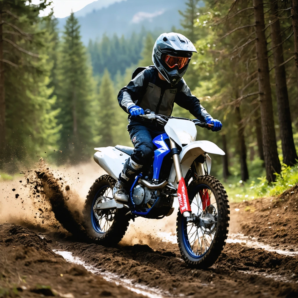 Un jeune motard équipé roule sur une moto 125 2 temps sur un sentier nature, illustrant l’accessibilité et le plaisir de débuter la moto tout-terrain.
