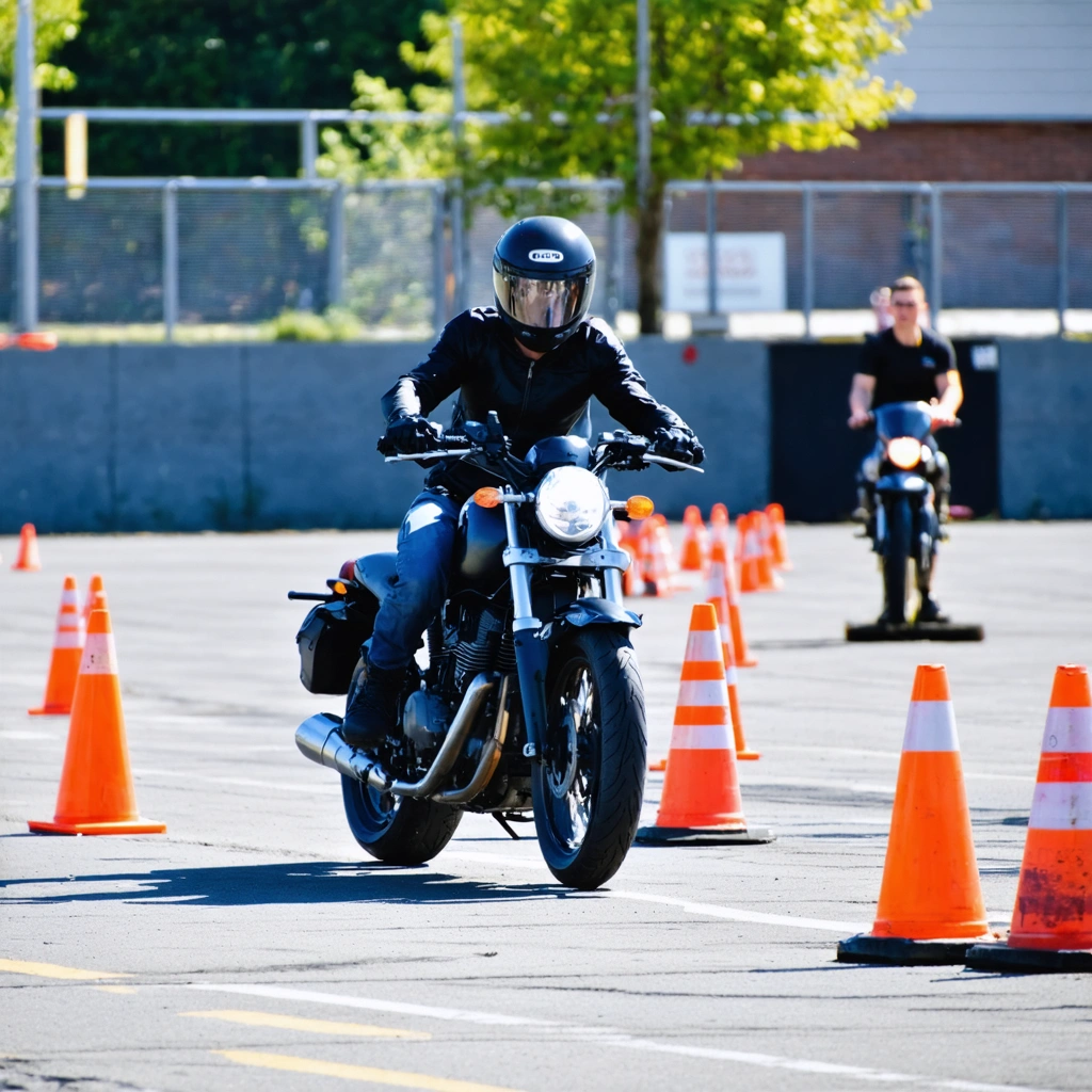 Motard en train de passer un parcours lent d'entraînement, concentré pour ne pas caler sa moto, avec un moniteur en arrière-plan sur un terrain d'exercice.