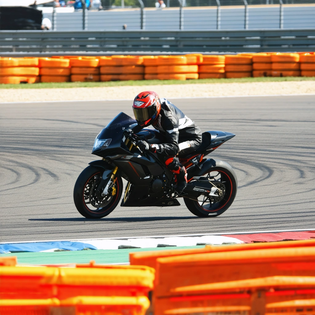 Un motard sur circuit avec sa moto non homologuée, tenant une attestation d'assurance, sous le soleil, entouré de barrières de sécurité.