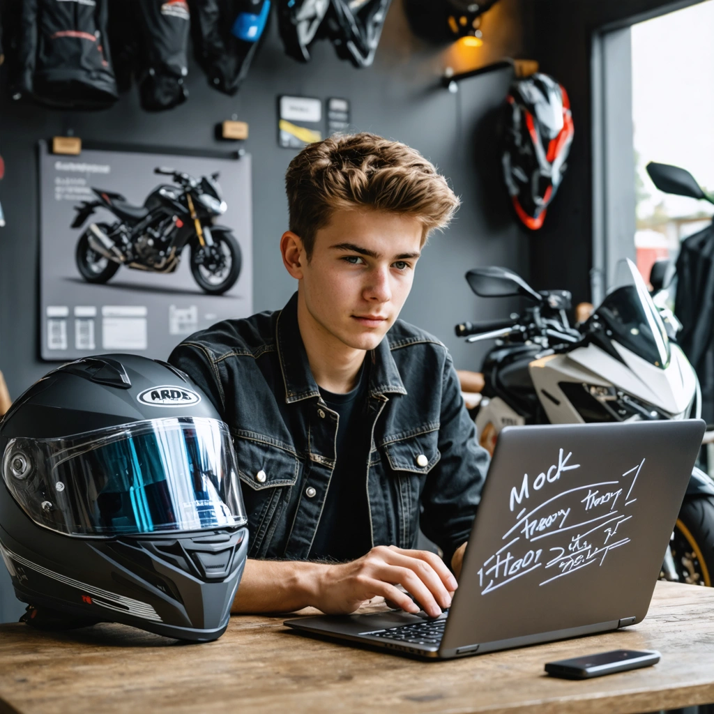 Un jeune motard révise le code moto sur ordinateur dans un garage équipé, casque posé à côté, ambiance studieuse et détendue