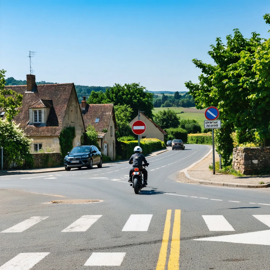 Un motard ralentit à une intersection en T dans un village français sans signalisation, illustrant les règles de priorité.