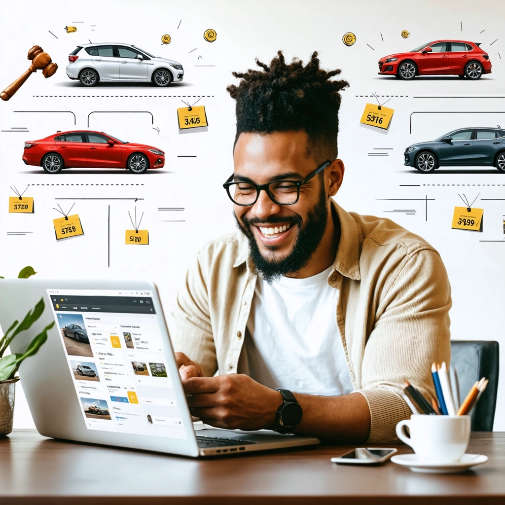 Une personne souriante consulte des annonces de voitures sur un ordinateur portable, entourée d'éléments évoquant la négociation et la recherche de bonnes affaires, dans une ambiance conviviale.