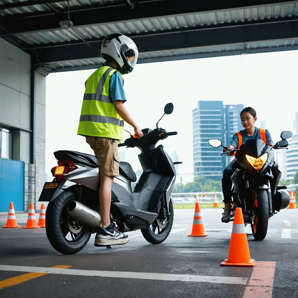 Un jeune adulte descend d’un scooter et s’approche d’une moto avec un moniteur sur un terrain de formation moto.