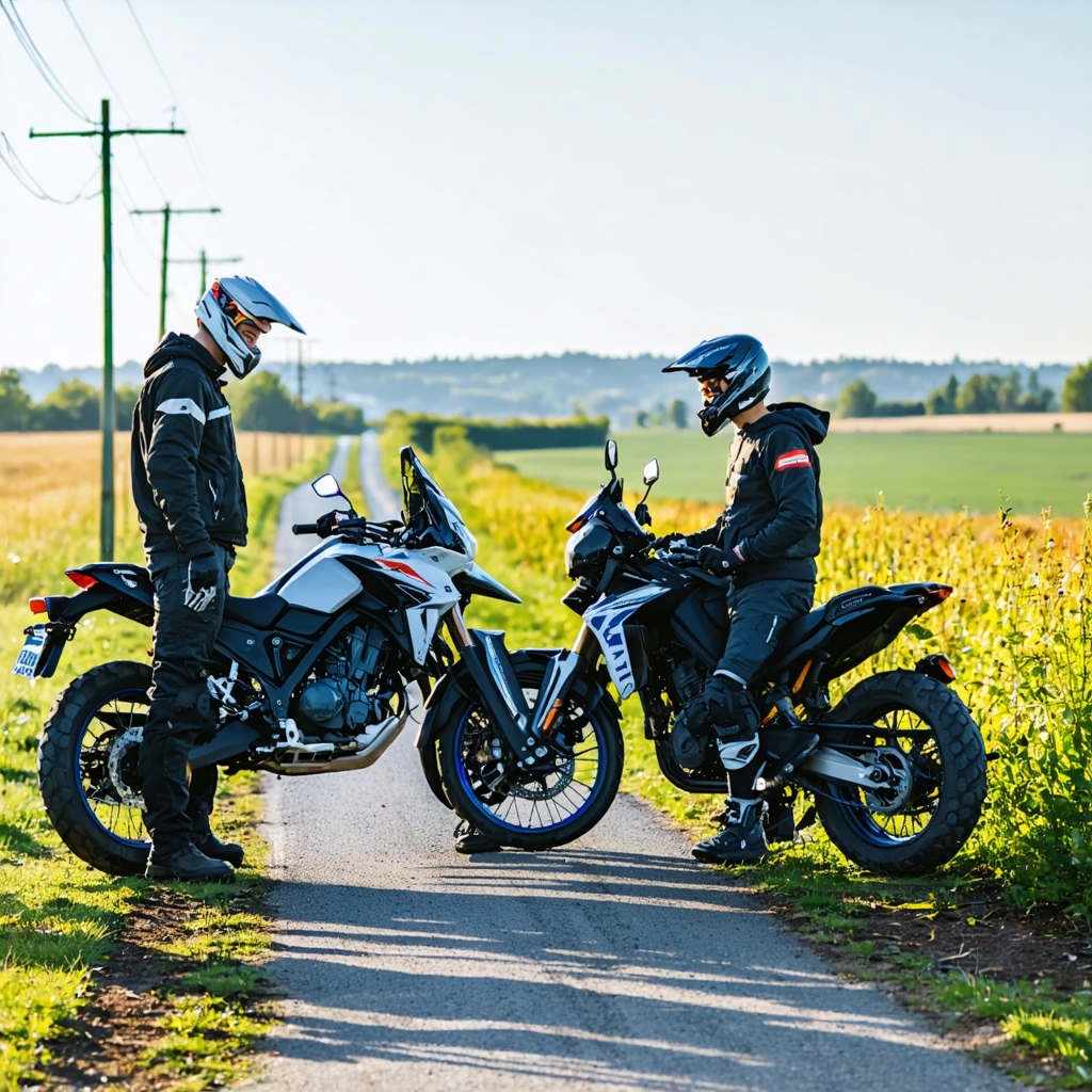Petites motos trail abordables garées sur une route de campagne, deux motards discutant à côté dans un décor rural français.