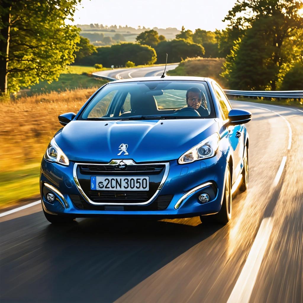 Peugeot 206 bleue en mouvement sur une route sinueuse au lever du soleil, mettant en avant les amortisseurs avant pour illustrer leur importance pour la sécurité et le confort.