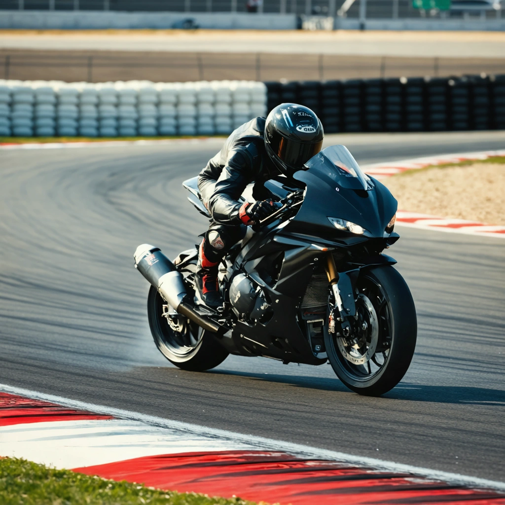 Un motard en combinaison intégrale prend un virage sur circuit, en pleine trajectoire, illustrant la rigueur et la concentration nécessaires au stage de pilotage moto.