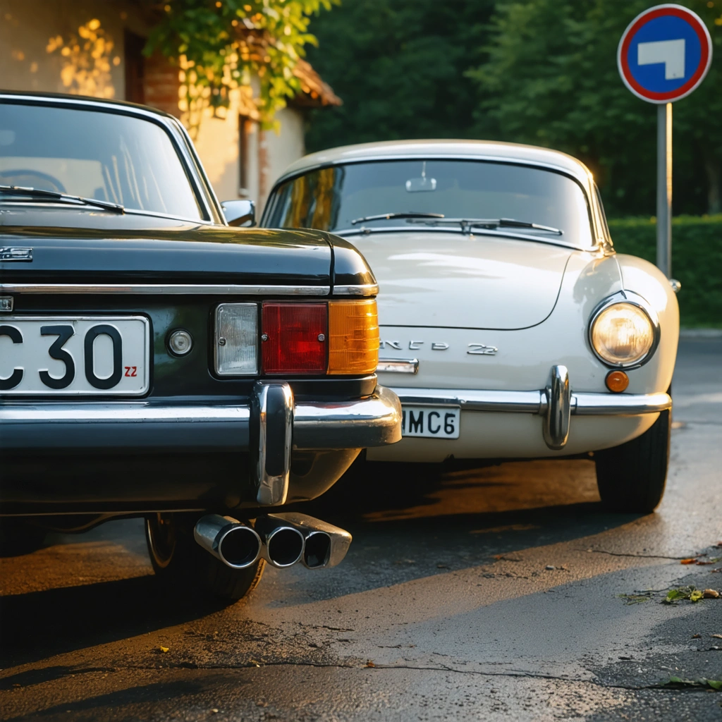 Un vieux véhicule français arborant une plaque d’immatriculation noire à côté d’une voiture moderne équipée d’une plaque blanche, symbolisant le contraste entre nostalgie et réglementation.