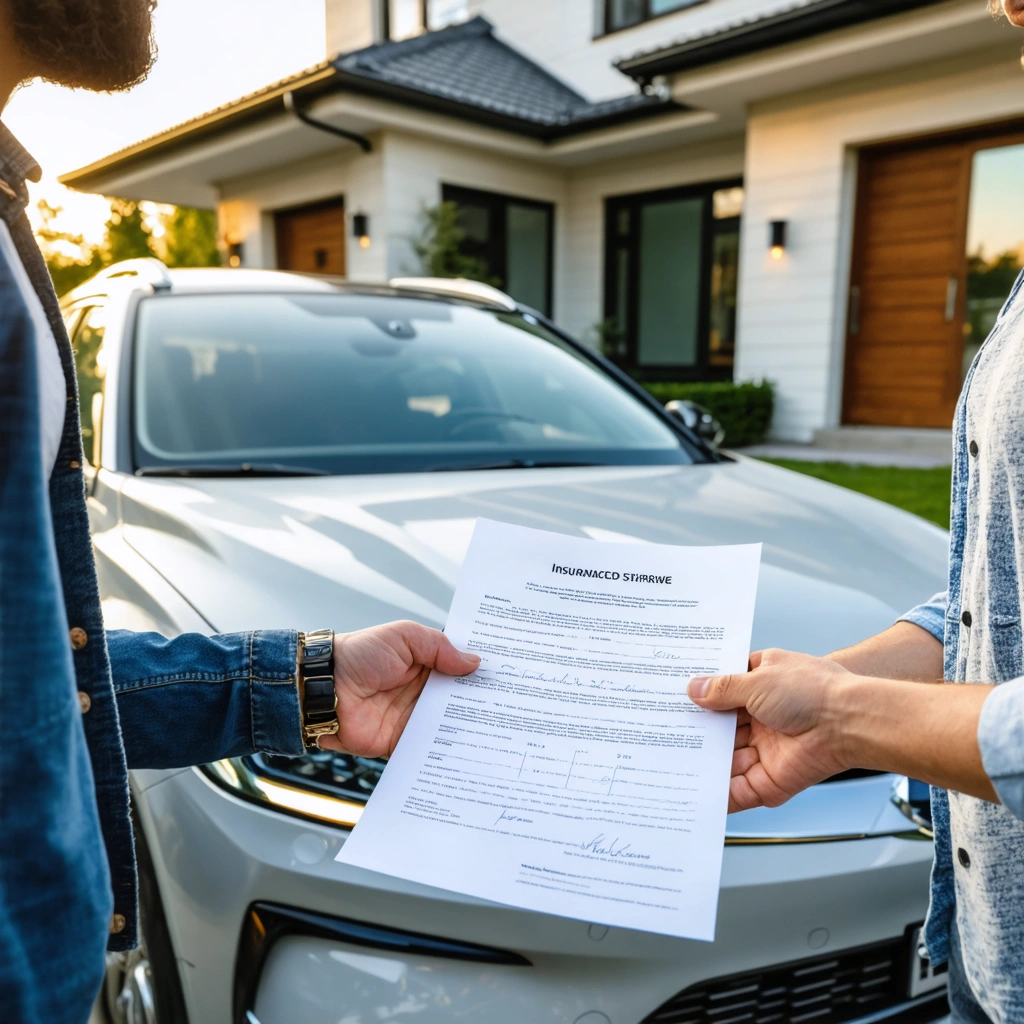 Voiture garée devant une maison, deux personnes se serrant la main avec un contrat d’assurance temporaire visible, dans une ambiance de week-end ensoleillé.