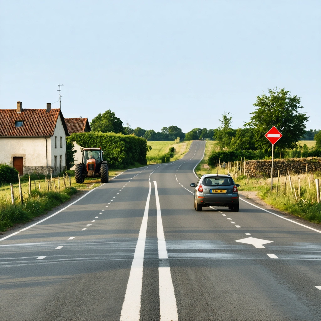 Illustration d'une intersection de campagne sans signalisation avec deux voitures s'approchant, celle de droite sur le point de passer en premier, dans un décor rural avec un tracteur au loin.