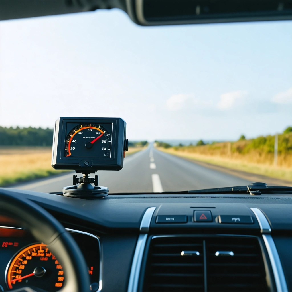 Un radar mobile mal aligné à l'intérieur d'une voiture, montrant une incohérence entre la vitesse indiquée par le radar et le compteur du véhicule, pour illustrer un dysfonctionnement du système.