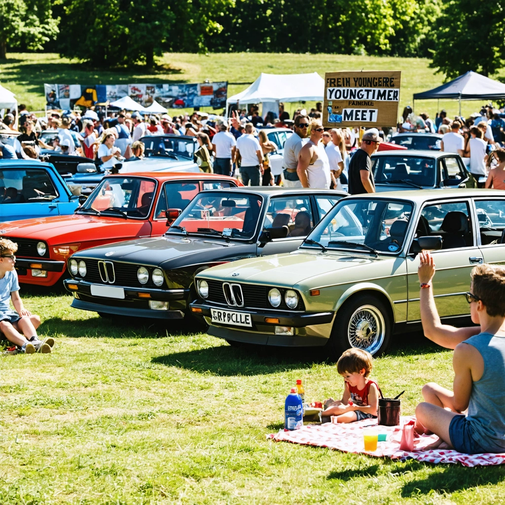 Scène réaliste d’un rassemblement youngtimers en France avec voitures classiques 70-90, passionnés discutant, familles, ambiance festive et détails humoristiques