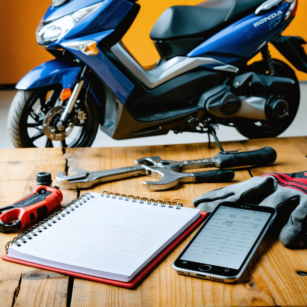 Carnet d'entretien, smartphone avec rappel, outils et bidon d'huile disposés sur une table devant un scooter Honda PCX 125, illustrant l'organisation et la régularité de la révision.