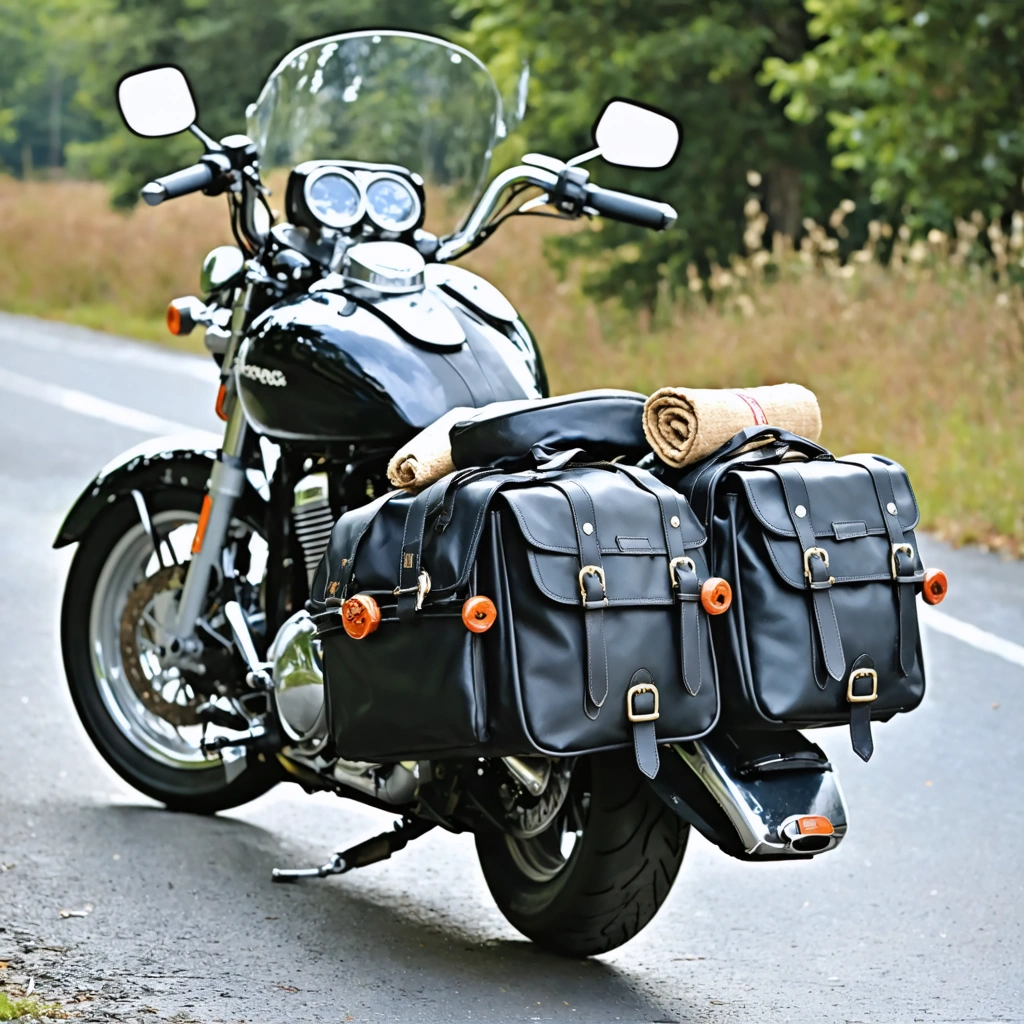 Deux sacoches cavalières souples fixées sur une moto de route, partiellement ouvertes pour montrer leur contenu, prêtes pour un voyage, mettant en valeur leur solidité et leur système de fixation.