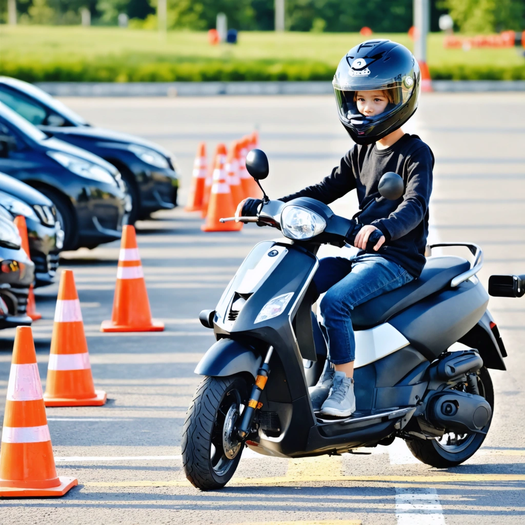 Un adolescent de 14 ans en équipement de protection reçoit une leçon de conduite sur scooter auprès d’un moniteur expérimenté sur le parking d’une auto-école.