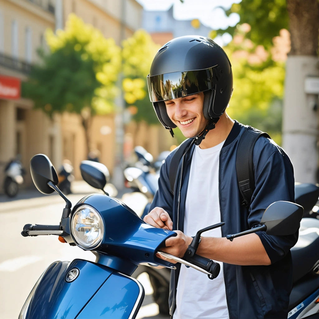 Jeune conducteur en casque à côté d'un scooter 50cc signant un contrat d'assurance en ligne sur son smartphone, dans une rue ensoleillée avec d'autres scooters en arrière-plan.