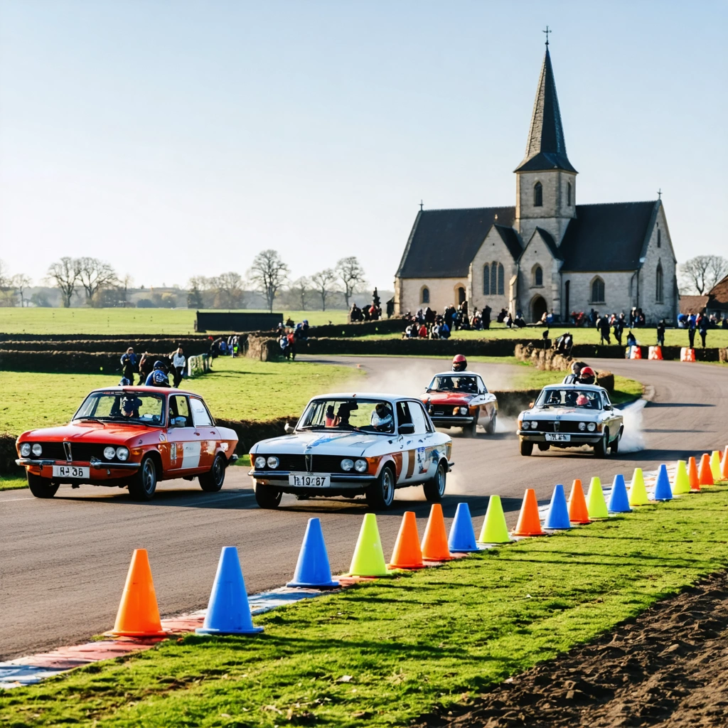 Scène automobiliste amateur en Normandie sur un parcours de slalom délimité par des cônes, avec des pilotes et spectateurs enthousiastes devant une église typique normande.
