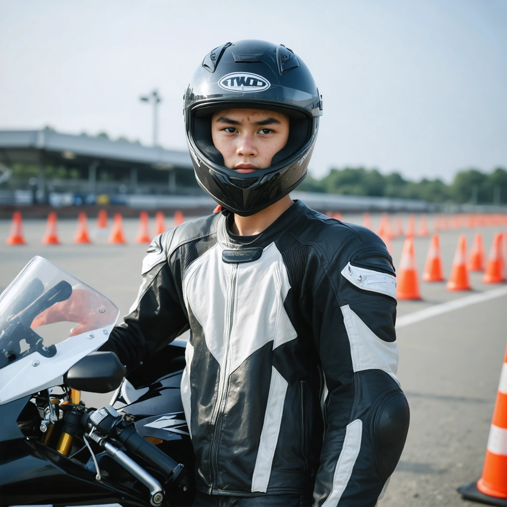 Jeune motard en équipement, prêt pour un examen moto, montrant des signes de stress tout en tenant son casque près d'une moto, sur un terrain d'examen avec des cônes.