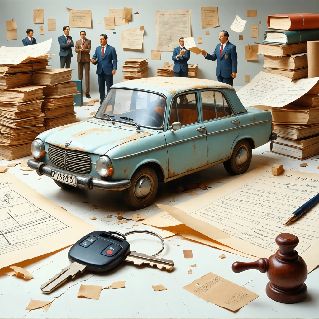 Un trousseau de clés de voiture posé sur un bureau chargé de papiers administratifs, formulaires, tampons de notaire et dossiers éparpillés, évoquant la complexité d’une succession sans héritier direct.