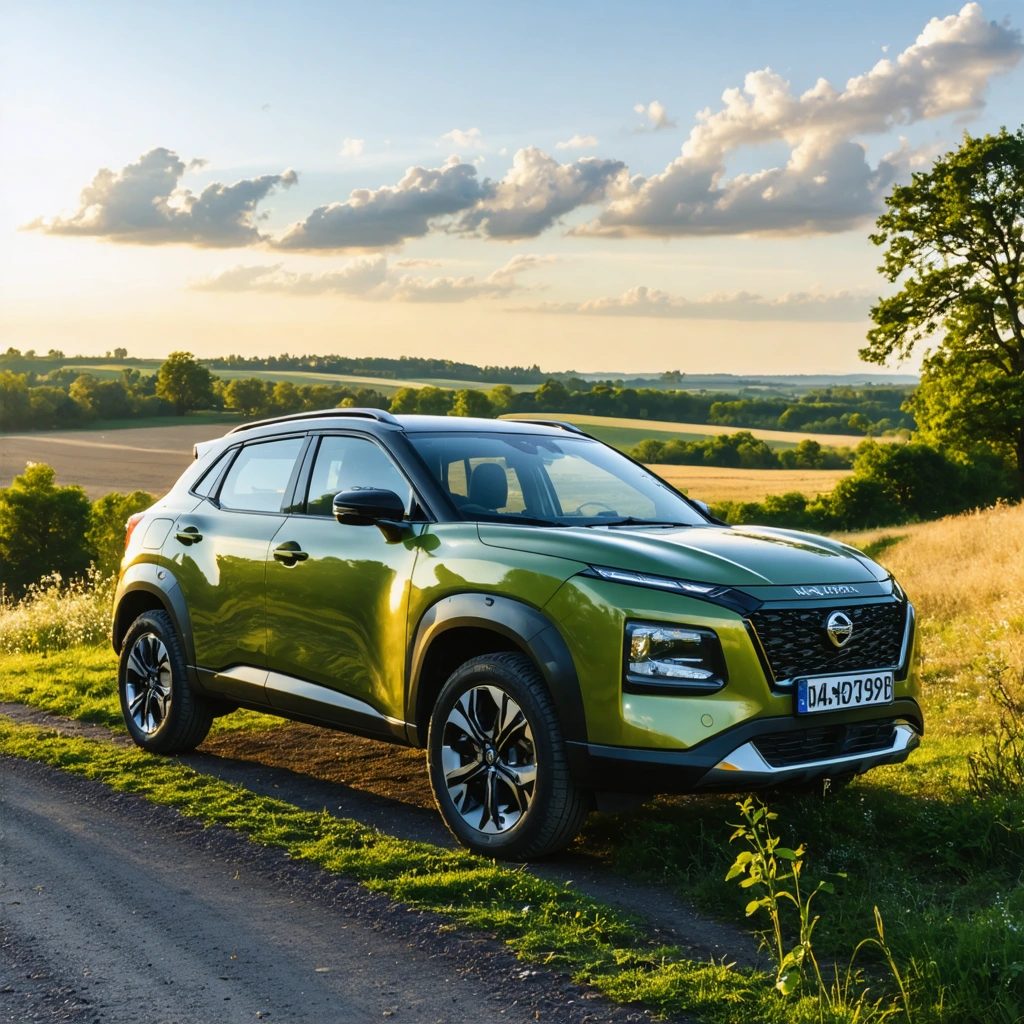 Un SUV compact diesel 4x4 d'occasion, propre et bien entretenu, garé dans une campagne française verdoyante, sous un ciel clair, type Nissan Qashqai ou Kia Sportage.